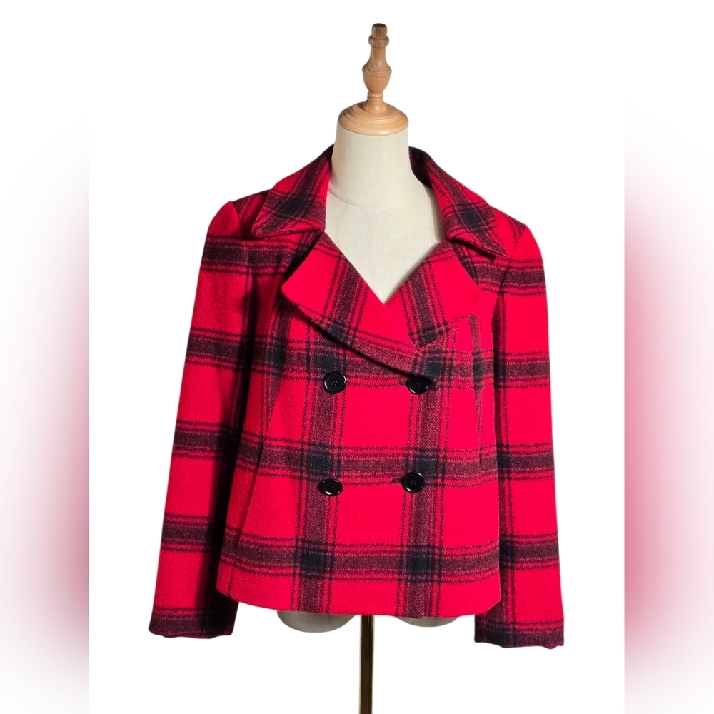 Talbots Red Plaid Double-Breasted Wool Alpaca Blend Short Jacket